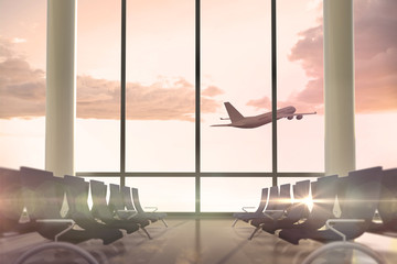 Aufkleber - Airplane flying past departures lounge window 