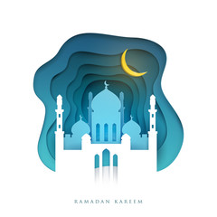 Ramadan kareem islamic beautiful design template. Holiday composition in modern paper cut style. Trendy background for greeting card, banner, cover or poster. Vector illustration.