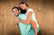 © vectorfusionart - Happy casual man giving pretty girlfriend piggy back against wooden planks