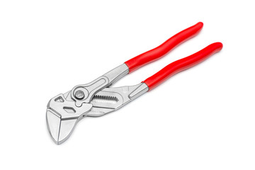 Wall Mural - Adjustable water pump pliers tongue and groove isolated on white background. Universal wrench. Professional tool for work. Flat lay, top view