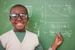 © vectorfusionart - Cute pupil pointing against math and science doodles