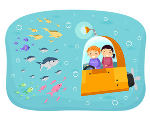 Sticker - Stickman Kids Submarine Fish Illustration