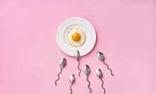Conception Of Fertilization. Fried Egg In White Plate, And Spoon