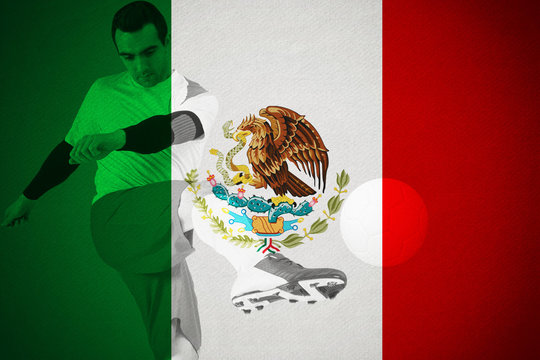 Football player in green kicking against mexico national flag
