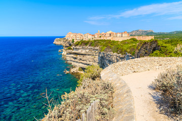 Wall Mural - View of Bonifacio town located on high cliff above sea, Corsica island, France