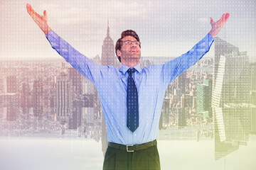 Poster - Cheering businessman with his arms raised up against digitally generated server room with towers