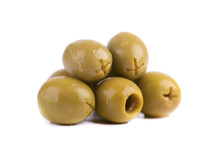 Pitted And Marinated Green Olives, Isolated On White Background.
