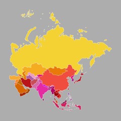 Poster - Asia map of multi-color with countries and capital cities on gray background. Vector illustration