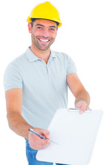 Poster - Smiling manual worker giving clipboard for signature
