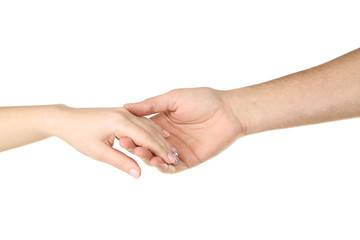 Wall Mural - Female and male hand holding each other on white background