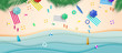  Top view summer background vector in beach with umbrellas, balls, swim ring, sunglasses, surfboard, hat, sandals, juice, starfish and sea. 