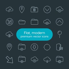 Poster - Modern Simple Set of location, cloud and networking, arrows, folder Vector outline Icons. Contains such Icons as  goal,  transfer,  open, up and more on dark background. Fully Editable. Pixel Perfect.