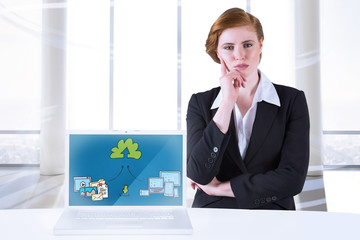 Poster - thinking redhead businesswoman against bright room with columns