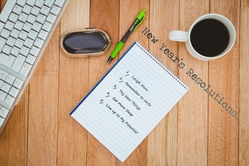 Poster - New years resolutions against business desk with computer and coffee