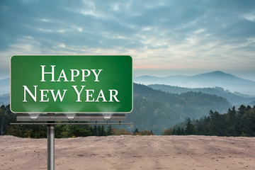 Poster - Happy new year against misty landscape