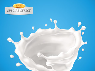 Leinwandbilder - Splashing whirl milk or cream or sauce isolated on blue background. Vector special flow effect. Liquid wave with droplets. Packaging design element for product advertising. 3d illustration.