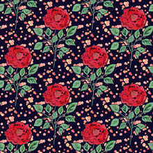 Seamless Colorful Flower Pattern . Red Roses On A Blue Background With Polka Dots.