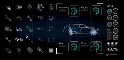 Poster - Automobile infographics, diagnostics of malfunctions and malfunctions in the car. Car icons. Abstract background. Template for car service. EPS10 Vector Image