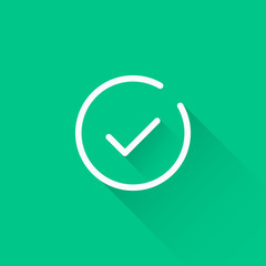 Poster - Line check mark icon. Thin line design with long shadow. White tick. Vector icon