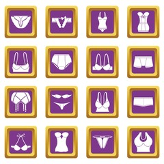 Canvas Print - Underwear icons set vector purple square isolated on white background 