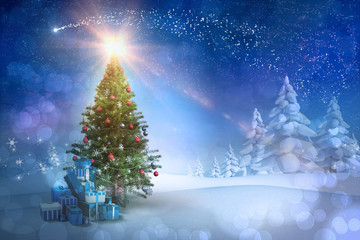 composite image of christmas tree with gifts against snowy landscape with fir trees