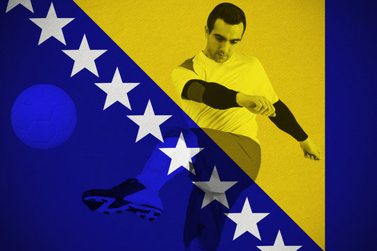 Football player in white kicking against bosnia national flag