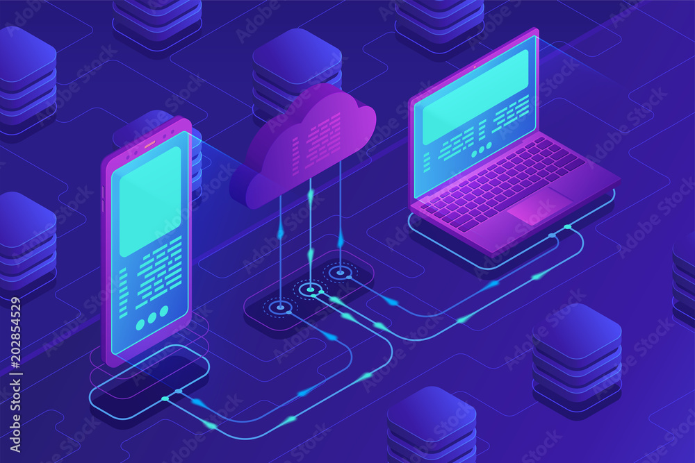 Isometric cloud storage concept. Synchronization backend cloud data ...