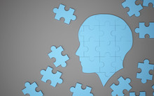 Blue Jigsaw Puzzle As A Human Brain. Creative Idea Concept. 3d Illustration