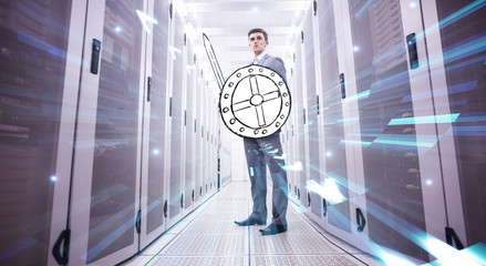 Poster - Lines of white arrows on futristic background against data warrior