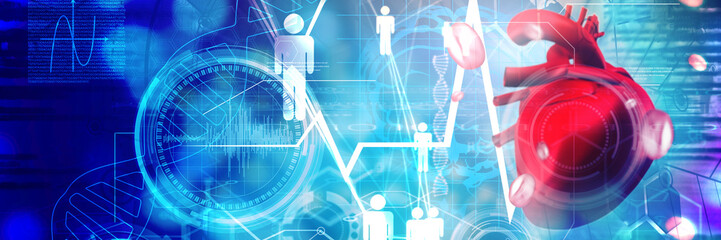 Poster - digitally generated image of a heart against medical biology interface in blue