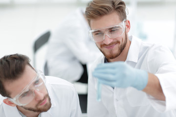Wall Mural - two scientists examining liquid in a test tube