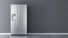 Modern Side By Side Stainless Steel Refrigerator. Fridge Freezer Isolated On A White Background. 3d Rendering
