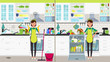 © marinadreams - A woman in the kitchen with a dishwasher and without. Vector flat illustration.