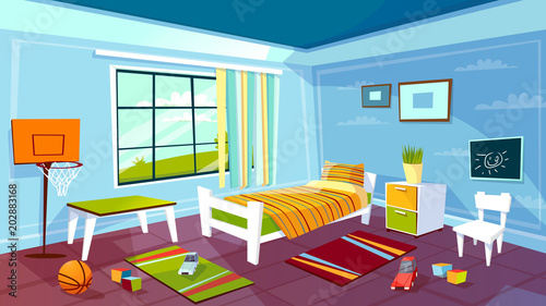 Child Room Vector Illustration Of Kid Boy Bedroom Interior Background Cartoon Flat Design Of Teen Children Room Furniture Bed Drawer And Chair On Carpet Basketball Sports Game Equipment And Toys Buy It will be a dream! child room vector illustration of kid