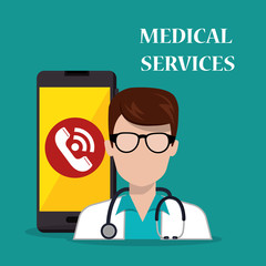 Poster - doctor with smartphone medical services app vector illustration design