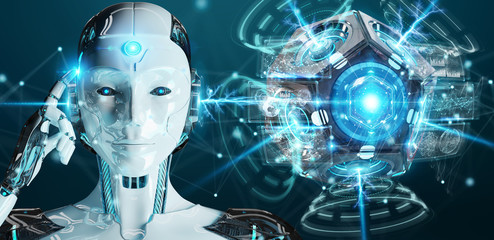 Aufkleber - White woman humanoid using drone security camera 3D rendering