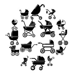 Sticker - Baby carriage icons set. Simple illustration of 16 baby carriage vector icons for web