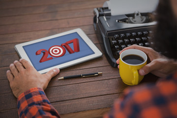 Poster - Numbers with bulls eye arrow against a man is drinking coffee