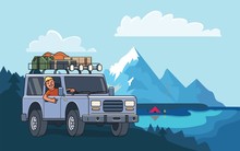 SUV Car With Luggage On The Roof And Smiling Guy Behind The Wheel On Mountain Peak Landscape. Off-road Vehicle And Camping By The Mountain Lake. Vector Illustration. Flat Style. Horizontal.