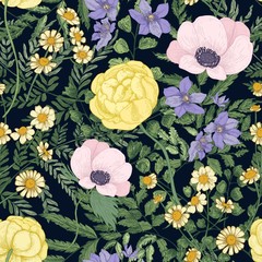 Poster - Elegant floral pattern with wild blooming flowers and flowering plants on black background. Beautiful backdrop with meadow wildflowers. Botanical vector illustration for wrapping paper, wallpaper.