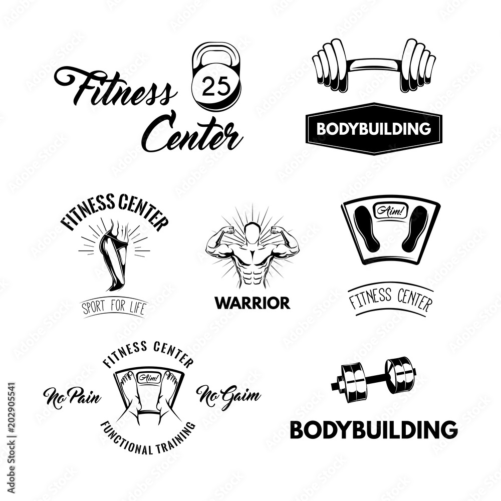 Fitness icons set. Kettlebell, floor scale, barbell disk, dumbbell ...