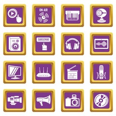 Poster - Multimedia internet icons set vector purple square isolated on white background 