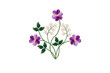 Embroidered with satin stitch bouquet of purple violets and twigs with white small flowers on white background


