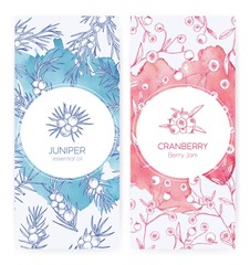 Aufkleber - Bundle of banner templates with juniper and cranberries drawn with contour lines on pink and blue backgrounds. Set of labels with berries. Natural vector illustration for essential oil and jam promo.