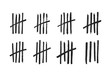 Lines or sticks hand drawn with brush strokes sorted by four and crossed out. Simple mathematical count visualization, prison or jail wall counter, tally marks. Monochrome vector illustration.