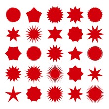 Star Burst Shapes. Vector Brightness Red Bursting Stars Symbols Isolated On White Background For Circle Badges And Prices