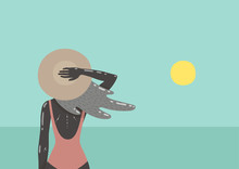 Girl On Beach Looking At The Sea. Vector Illustration