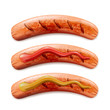 Vector realistic 3d illustration of grilled sausage with ketchup and mustard, isolated on white background.