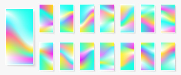 Wall Mural - Holographic background. Multicolor texture. Hologram glitch. Smooth blur. Smartphone wallpapers bundle. Trendy vector backdrops for gadget. Phone screen vibrant textures.