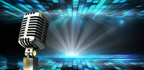 Poster - Digitally generated retro chrome microphone against digitally generated cool disco design 
